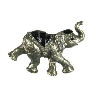 Circus Elephant Brooch Silvertone Pin Animal Circus Rhinestones Black Enamel 2"